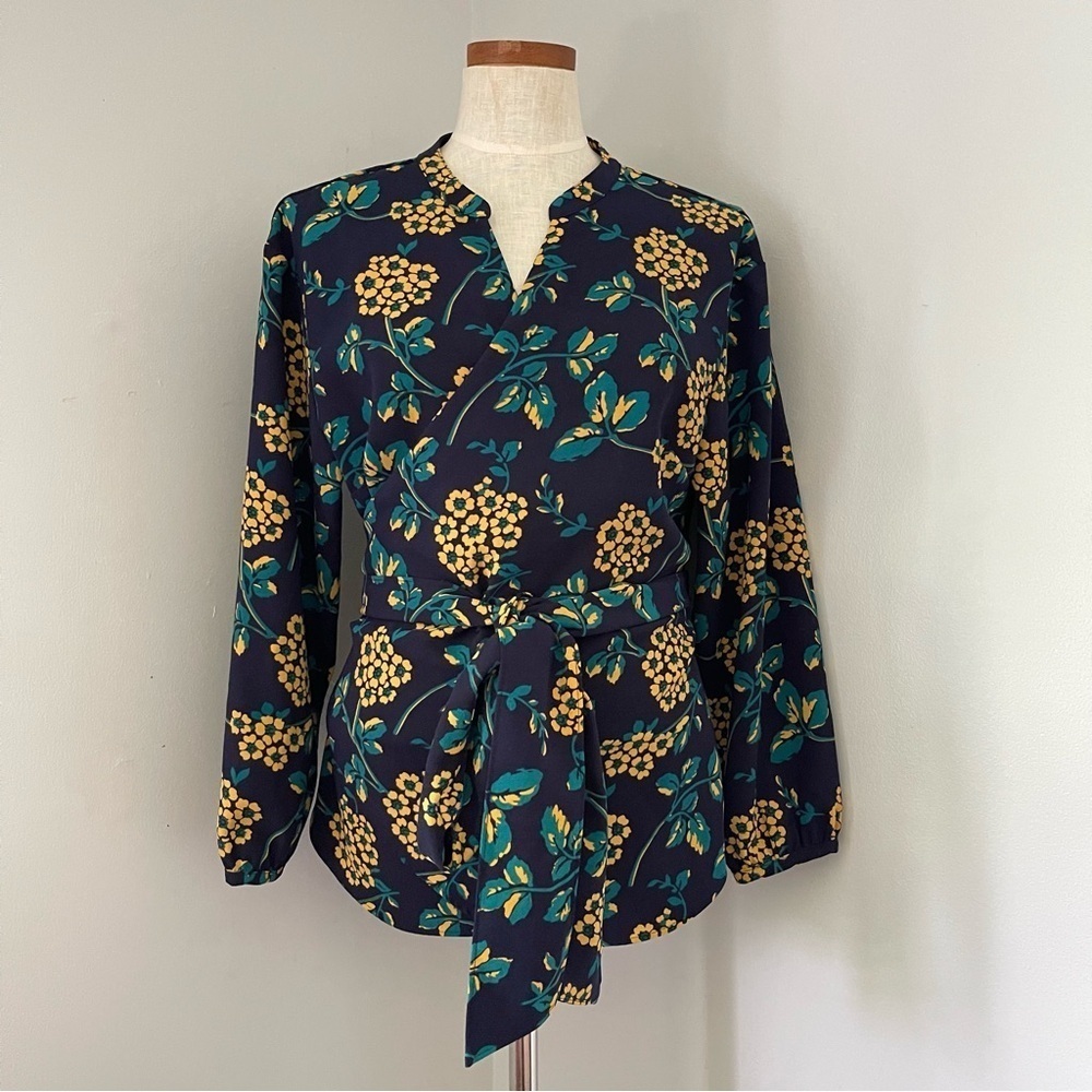 J. Crew Blue Yellow Floral Crepe wrap blouse size XL